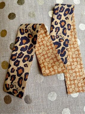 Vintage Coach 100% Silk Reversible Signature C/Leopard Print Ponytail Scarf Y2K